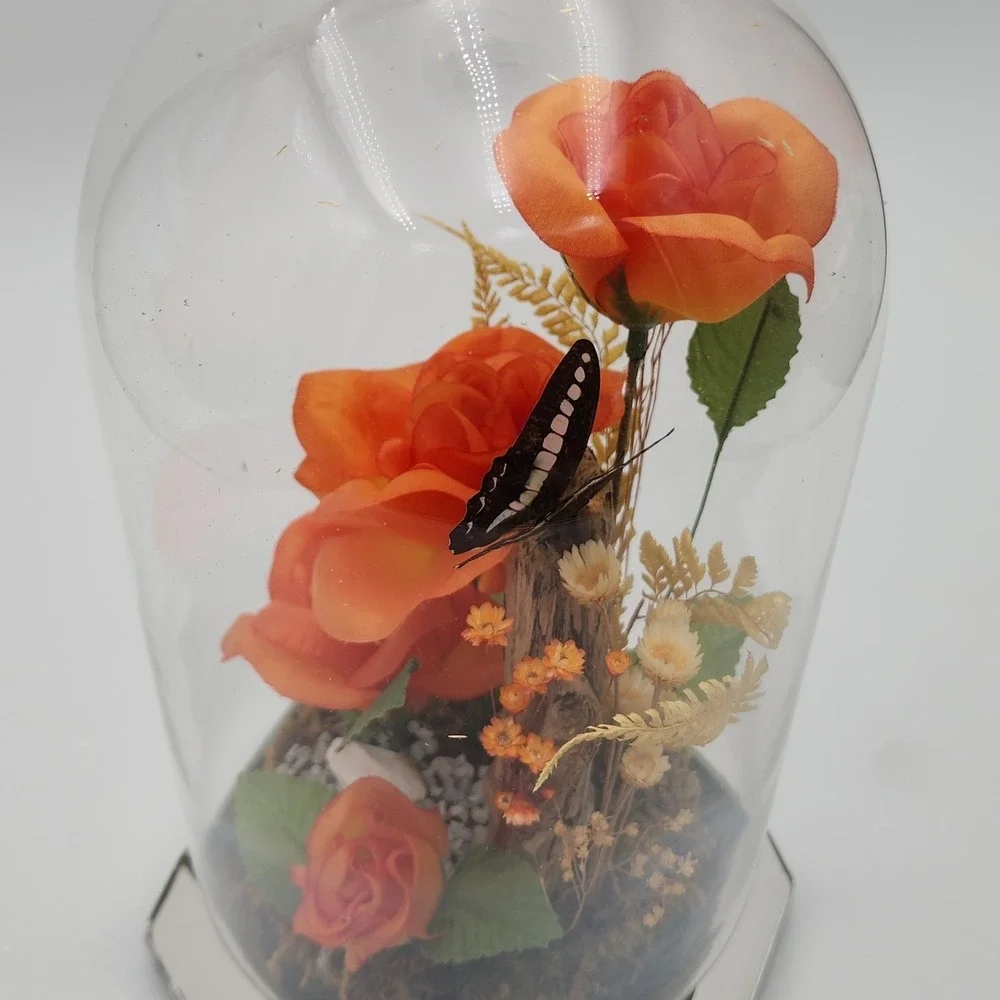 Vintage Glass Dome Floral Cloche with Butterfly Dried & Orange‎ Faux Flowers